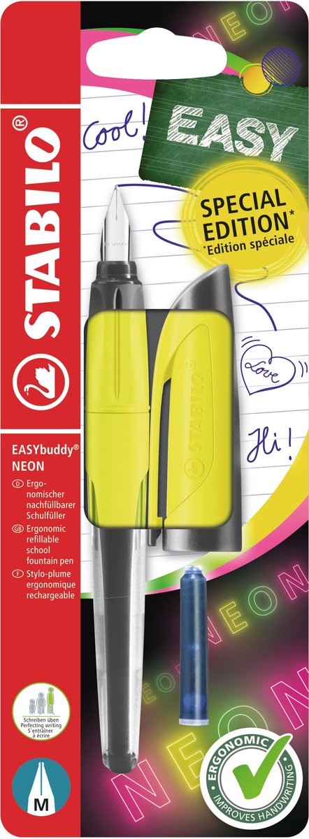 Stabilo easybuddy neon – ergonomischer Füllfederhalter – gelb – Standard-M-Feder für Rechtshänder