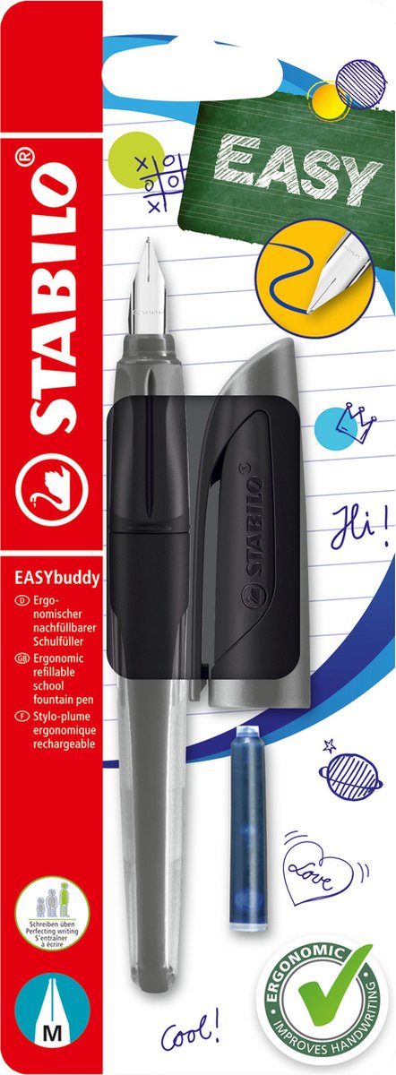 Stabilo easybuddy – ergonomischer Füllfederhalter – schwarz – Standard-M-Feder für Rechtshänder