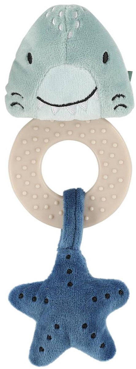 Trixie bijtspeeltje - mr. shark - siliconen bijtring knisper - houten ring spiegel - 3m+ - ideaal als geboortegeschenk