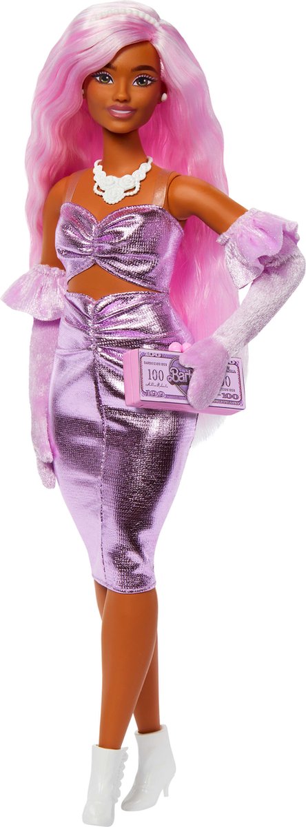 Barbie-Deluxe-Stil – glänzendes Midikleid mit Rüschen – Puppe