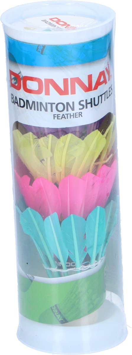 Donnay badminton shuttle 5-delig - set van 5 badminton shuttles met veren - gemaakt van kunststof - geschikt voor badmintonracket - kleur wit, licht roze en donker groen - afmeting 21,3 x 6,5 cm
