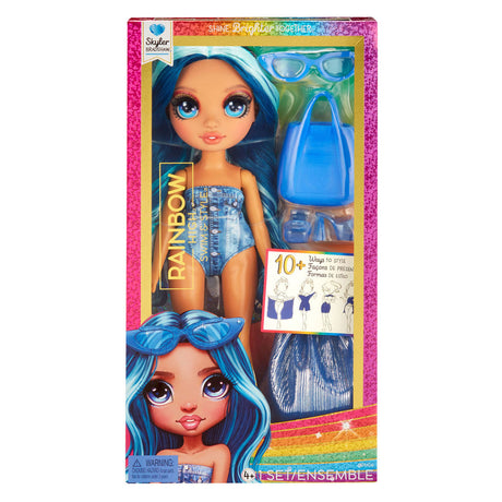 Regenbogenfarbene Modepuppe im Schwimmstil – 28 cm – Skyler (blau)