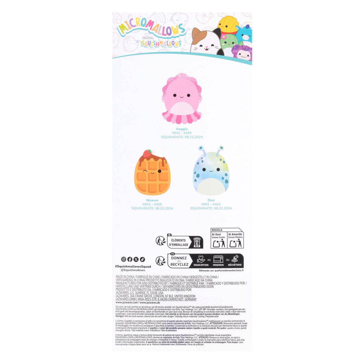 Jazwares Squishmallows Kuscheltier Plüsch – Micromallows Auggie, Weaver, Zink – 3 Stück.