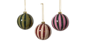 Kerstbal polyfoam shiny stripe 3 kleuren assortie d.8cm
