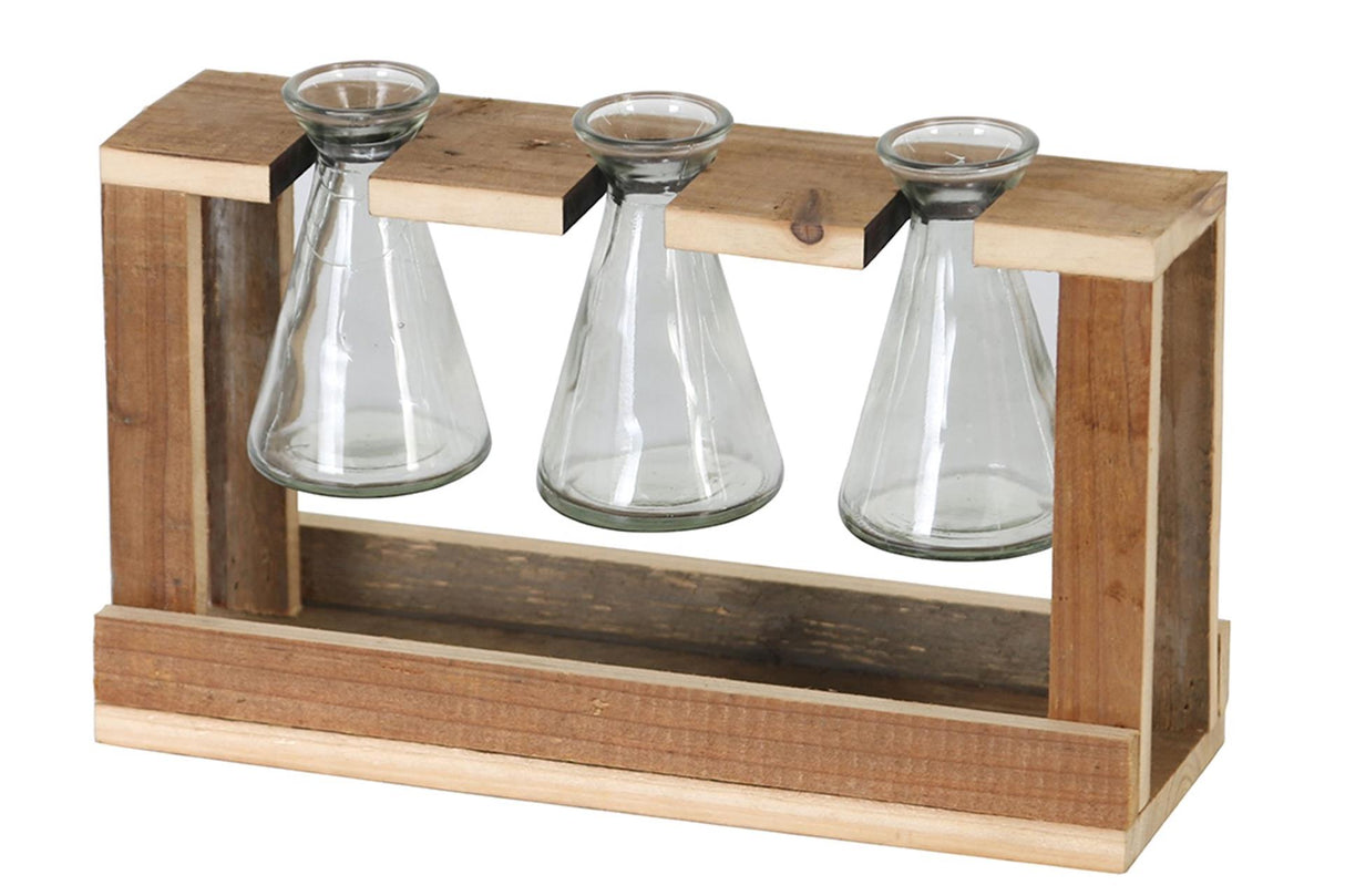 Dijk natural collections vaasjes 3 stuks in houten houder 29.5x7.5x17cm glas en hout