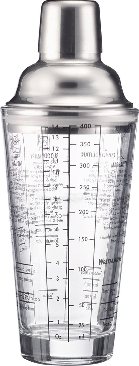 Westmark Cocktailshaker Sam – Shaker mit Skala und Sieb, professioneller Cocktailmixer, Barzubehör, inklusive Rezepten – Edelstahl, Glas, 400 ml