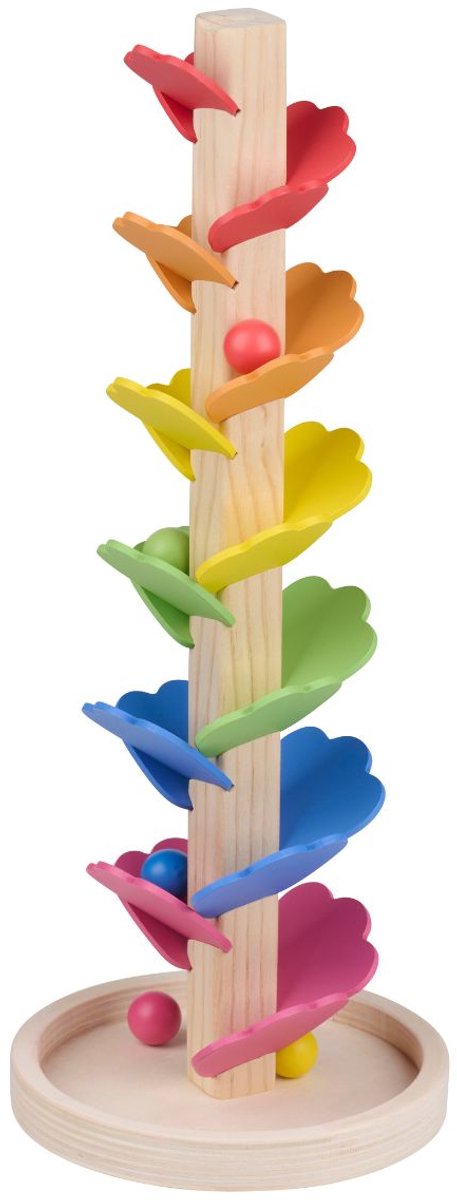 Eddy toys knikkerboom - houten knikkerbaan met kleurrijke bladeren - inclusief 5 knikkers - zelf te monteren knikkerboom met klankeffect
