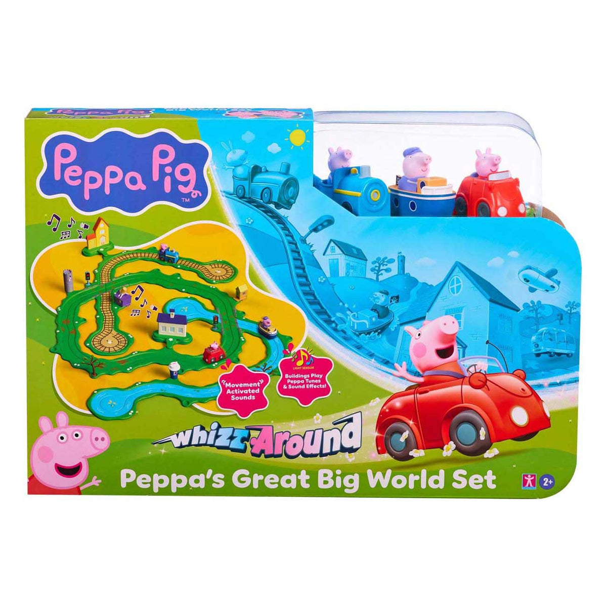 Gear2play Peppa Pig Whiz Around – Peppas großes Spielset in der weiten Welt – modulare Strecke zum Herumflitzen von Fahrzeugen – interaktiv mit Musik und Sound