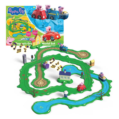 Gear2play Peppa Pig Whiz Around – Peppas großes Spielset in der weiten Welt – modulare Strecke zum Herumflitzen von Fahrzeugen – interaktiv mit Musik und Sound