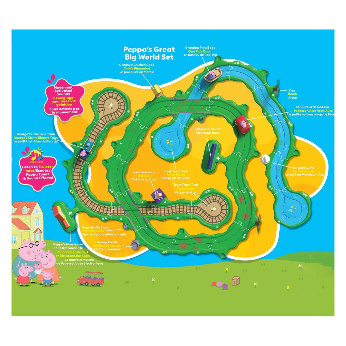 Gear2play Peppa Pig Whiz Around – Peppas großes Spielset in der weiten Welt – modulare Strecke zum Herumflitzen von Fahrzeugen – interaktiv mit Musik und Sound