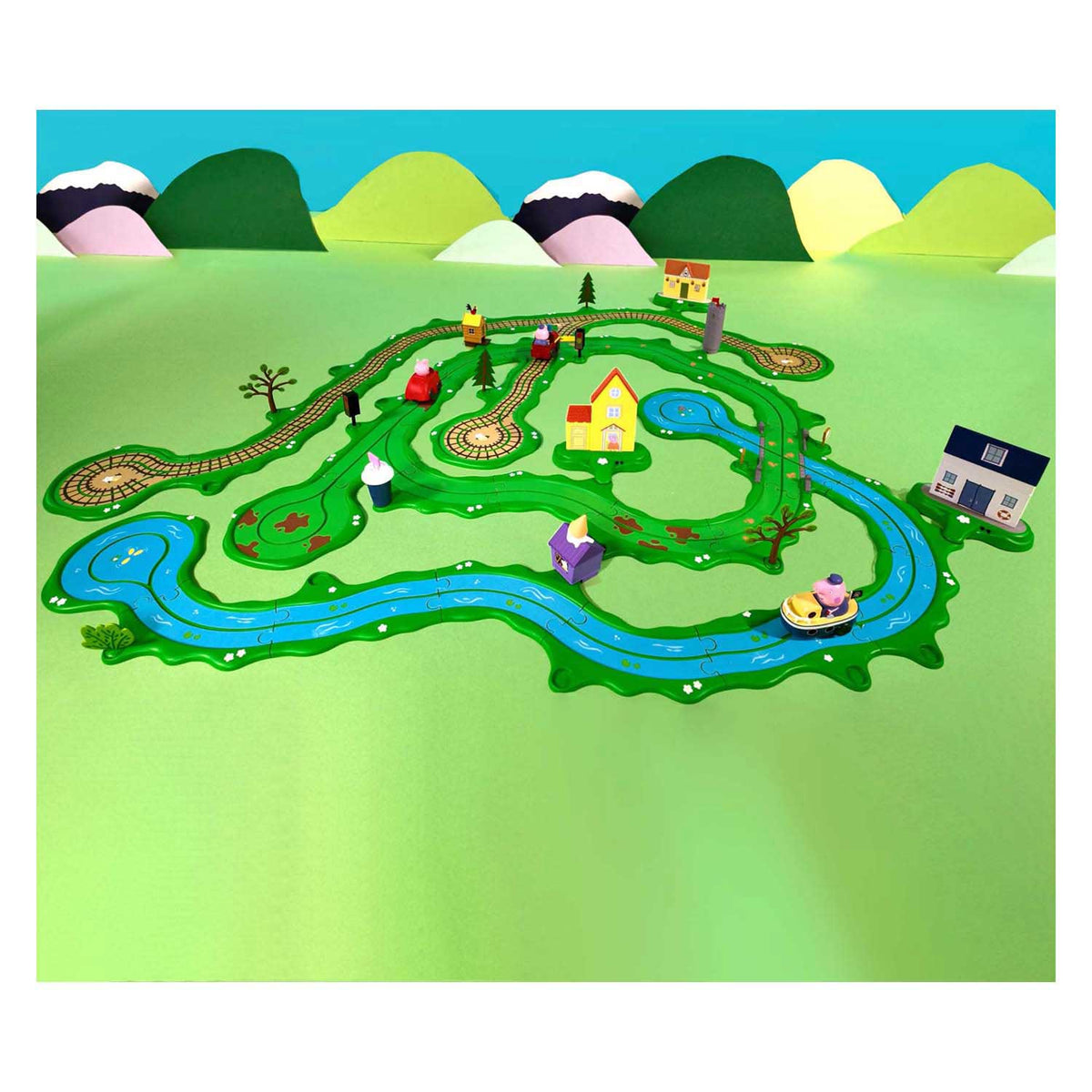Gear2play Peppa Pig Whiz Around – Peppas großes Spielset in der weiten Welt – modulare Strecke zum Herumflitzen von Fahrzeugen – interaktiv mit Musik und Sound