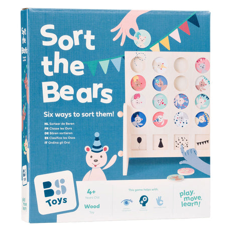 Bs toys sorteer de beren - houten educatief speelgoed vanaf 5 jaar - sorteerspel met 16 berenchips 3 houten opdrachtkaarten - denkspel voor kinderen - oefent observeren, sorteren, kleuren verschillen herkennen - kinderspeelgoed voor 1-2 spelers