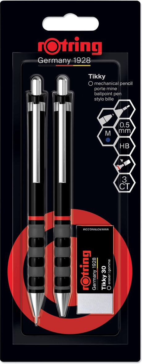 Rotring Tikky Druckbleistift, Kugelschreiber und Radiergummi-Set | Graphit HB, 0,5 mm Bleistift | Stift mit mittlerer Spitze | schwarzer Ärmel | Leichtgewicht mit Gummigriff