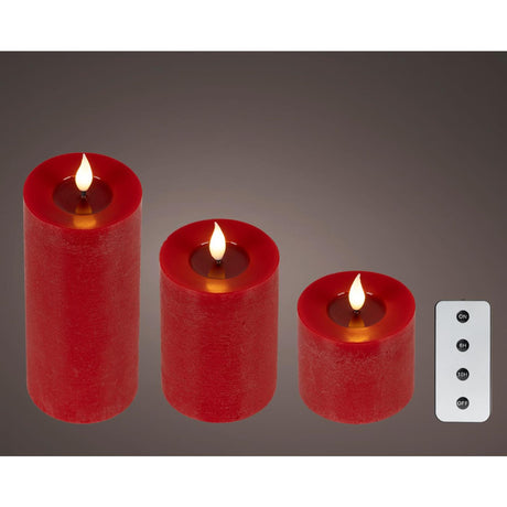 Lumineo 3-delig realistische led kaars met wax pit en vlam effect ø7.5 hoogte 9,5-13,5-20cm rood met timer werkt op afstandsbediening en batterij