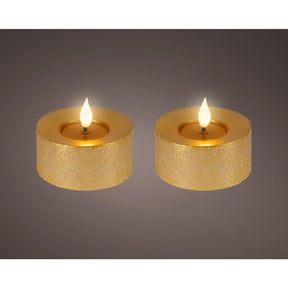 Lumineo realistische led theelicht met vlam effect ø7,5x6cm goud met 6uur timer werkt op batterij-2 stuks