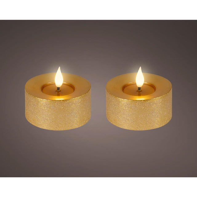 Lumineo realistische led theelicht met vlam effect ø7,5x6cm goud met 6uur timer werkt op batterij-2 stuks