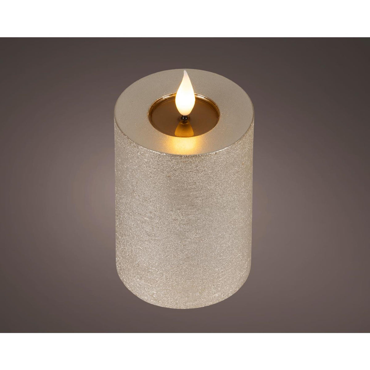 Lumineo realistische led kaars met wax pit en vlam effect ø7.5x13,5cm licht grijs met 6uur timer werkt op batterij