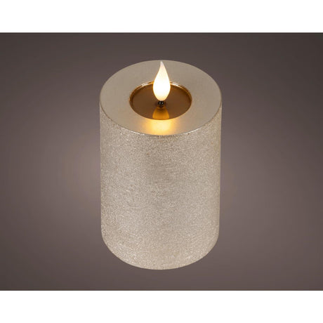 Lumineo realistische led kaars met wax pit en vlam effect ø7.5x13,5cm licht grijs met 6uur timer werkt op batterij