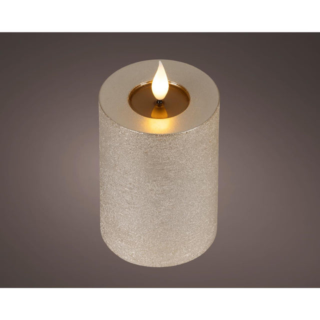 Lumineo realistische led kaars met wax pit en vlam effect ø7.5x13,5cm licht grijs met 6uur timer werkt op batterij