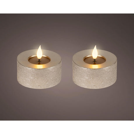 Lumineo realistische led theelicht met vlam effect ø7,5x6cm licht grijs met 6uur timer werkt op batterij-2 stuks