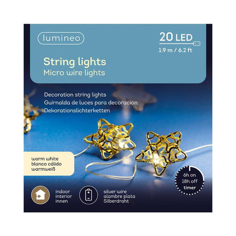 Lumineo Micro-LED-Dekorationsbeleuchtung, 20 Lichter mit Sternen, Metall mit Timer, batteriebetrieben