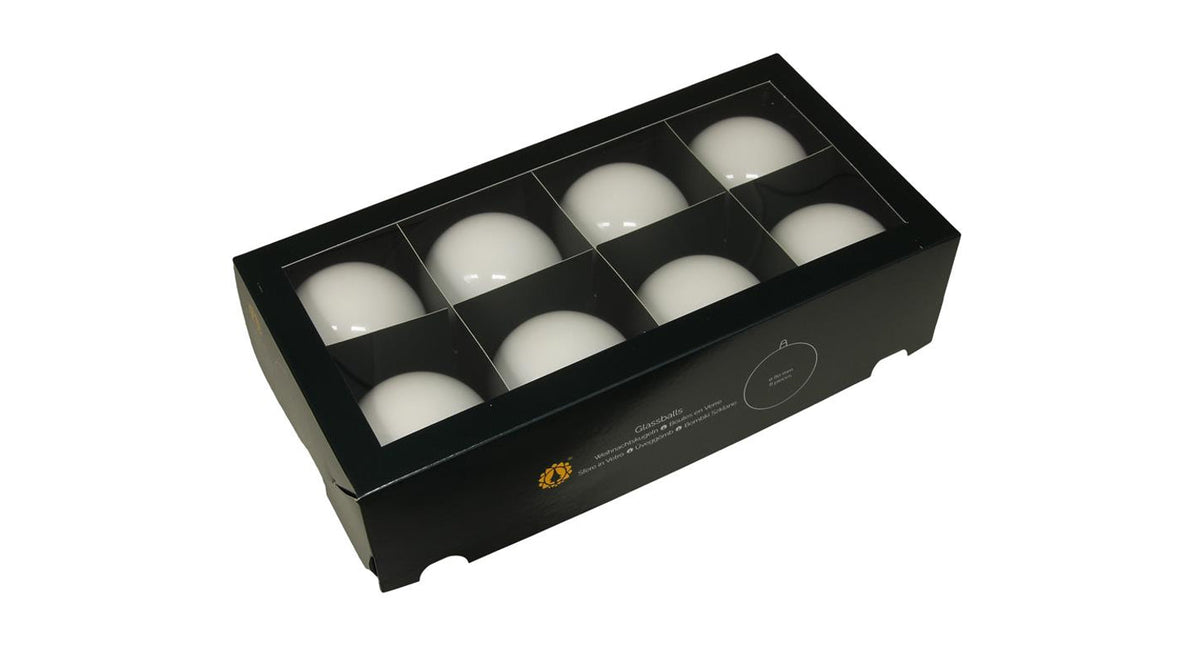W b. 8 glassballs cap white opal 80 mm