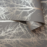 Niederländische Wandverkleidung Tapete Rhea Trees Grau und Roségolden