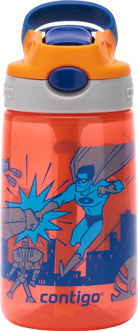 Contigo Gizmo Flip Autospout Kindertrinkflasche mit Strohhalm, BPA-freie Wasserflasche – Nektarine mit Superhelden – 420 ml