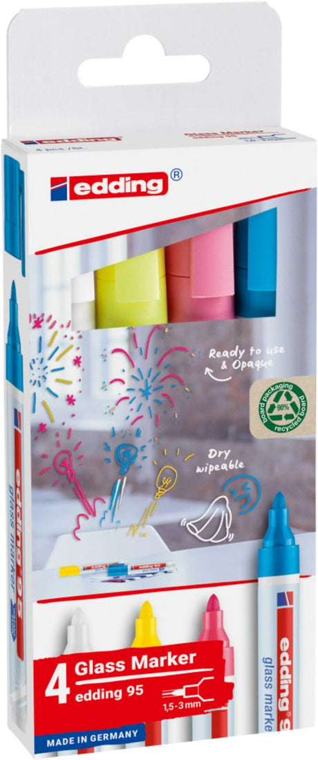 Edding 95 Glasmarker-Set mit 4 Farben – Weiß, Gelb, Rosa, Hellblau – Rundspitze 1,5–3 mm – auch für Whiteboards geeignet – trocken abwischbar