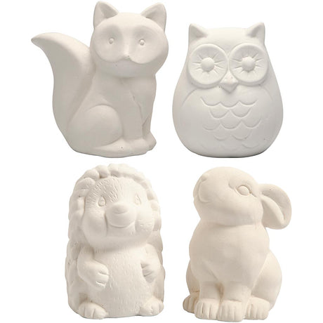 Creativ Company Tier-Spardose, Eule, Fuchs, Igel, Hase, H: 9-10 cm, weiß, 4 Stück 1 Box