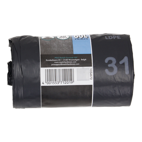 1054872 - afvalzak 60l, zwart ldpe 20 st per rol | 15 stuks
