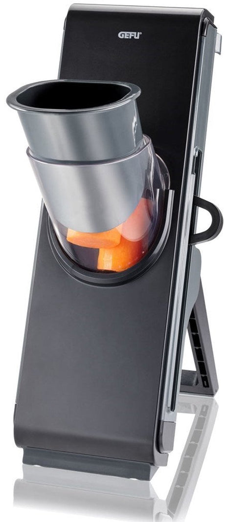 Gefu Stando Mandoline – Gemüseschneider mit Auffangschale – verstellbarer Scheiben- und Julienne-Schneider – sicheres Schneiden – Edelstahl-Schneidklingen