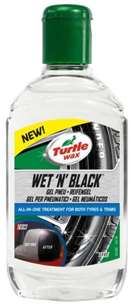 Turtle Wax Wet n Black Reifenverkleidungsgel – hinterlässt einen tiefschwarzen Glanz auf Gummikunststoff – repariert und bildet eine Schutzschicht – beständig gegen Zersetzung – 300 ml