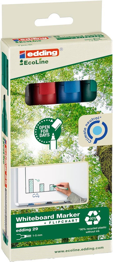 Edding 29 Ecoline Boardmarker – 4 Stück – Schwarz, Blau, Rot, Grün – Keilspitze 1–5 mm – geeignet für Whiteboard und Flipchart