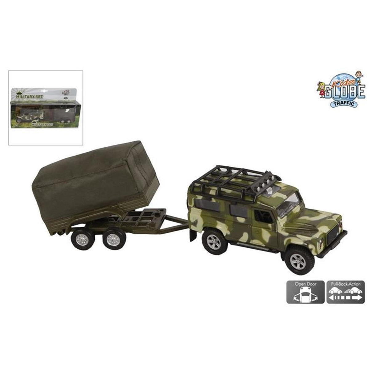 Kinderglobus Land Rover mit Anhänger, Militärdruckguss, 27 cm