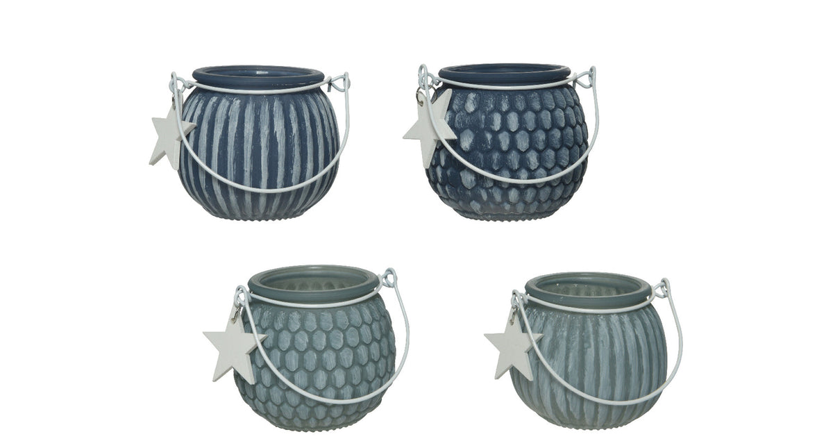 Tealightholder glass with wooden star hanger 4 assorted dia8 h7cm