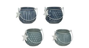 Tealightholder glass with wooden star hanger 4 assorted dia8 h7cm