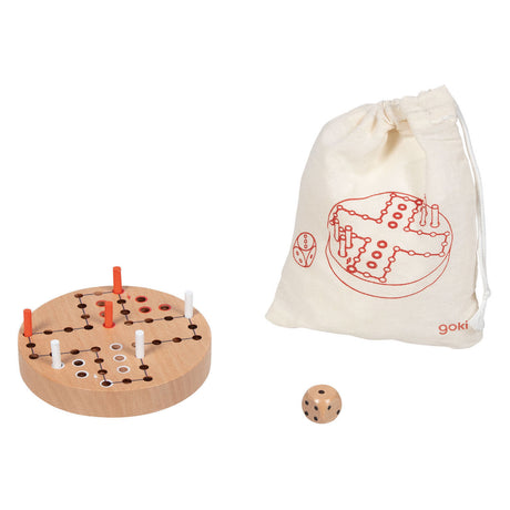 Goki Ludo-Spiel aus Holz in Baumwoll-Aufbewahrungstasche