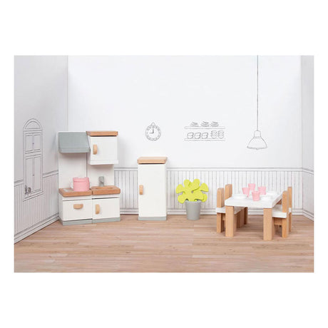 Goki Puppenhausmöbel: Designerküche, 20-teilig, 10x6,5x5cm (Tisch), Buchenholz und Stoff, 3+