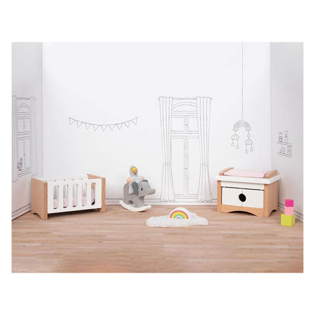 Goki Puppenhausmöbel: Design-Kinderzimmer, 12-teilig, 10,2x6x5,5cm (Bett), Buchenholz und Stoff, 3+