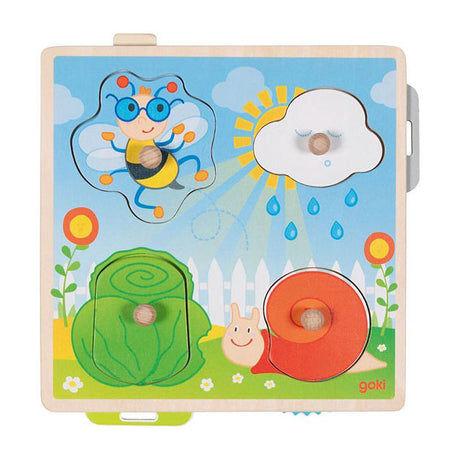 Goki Puzzle: im Garten 21,8x22,5x2,8cm, 4-teilig, mit Hintergrundbildern, Holz, 1+