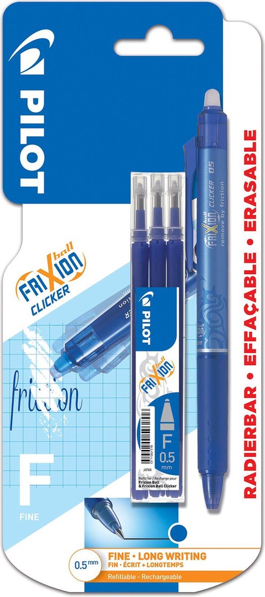 Pilot frixion - clicker blauw 0.5 + 3 vullingen - op blister