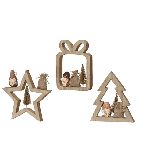 Decoris Weihnachtsdekoration Holz mit Zwerg 2x14,5x16,5cm 3-fach sortierter Geschenk-Sternbaum