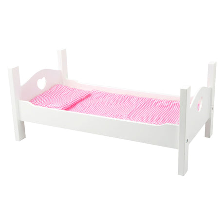 Kleines Fuß Holzpuppenbett weiß mit Bettwäsche, 4dlg.