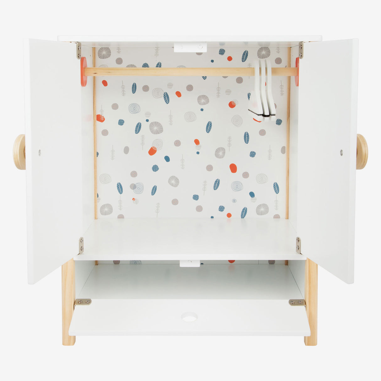 Kleiner Fußholz -Puppengarderobe kleiner Knopf mit Kleiderbügeln, 3dlg.