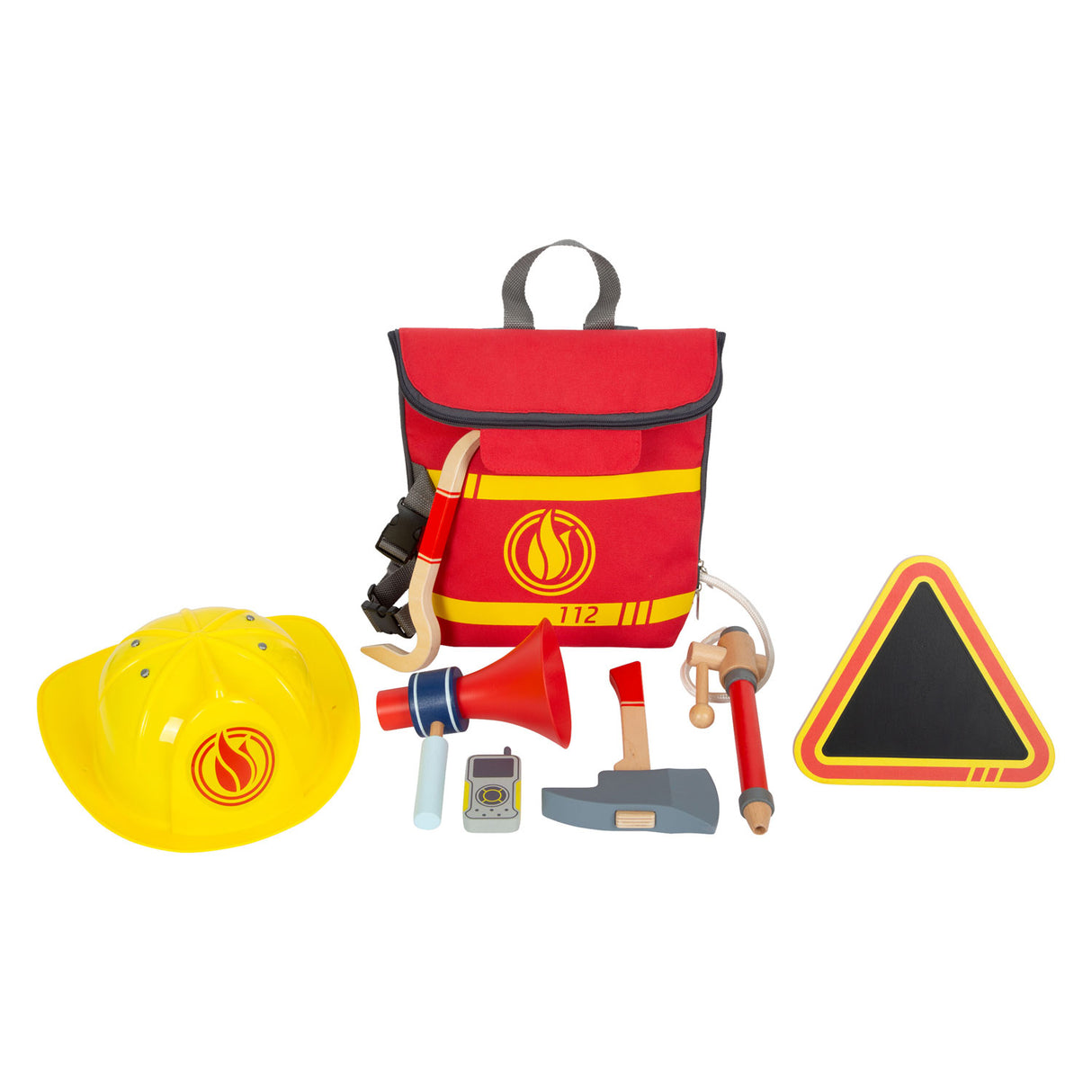 Small Foot - Feuerwehrrucksack mit Feuerwehr-Attributen aus Holz, 8-teilig.