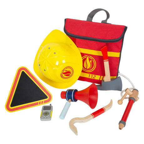 Small Foot - Feuerwehrrucksack mit Feuerwehr-Attributen aus Holz, 8-teilig.