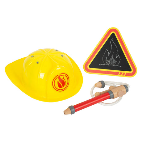 Small Foot - Feuerwehrrucksack mit Feuerwehr-Attributen aus Holz, 8-teilig.