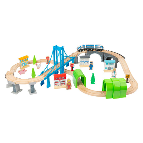 Small Foot - Holzeisenbahnset mit Brücke, 60-teilig.