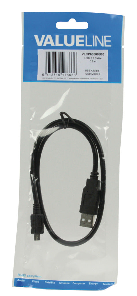 Valueline vlcp60500b05 USB 2.0 USB-A-Stecker – USB-Micro-B-Stecker-Kabel, 0,50 m, Schwarz